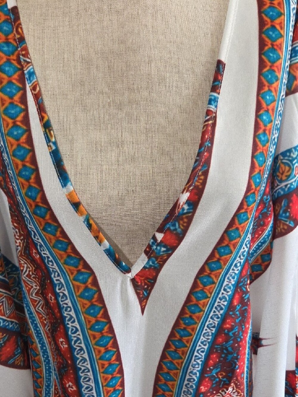 White Multicolor Bohemian V-Neck Caftan - Picture 3 of 4